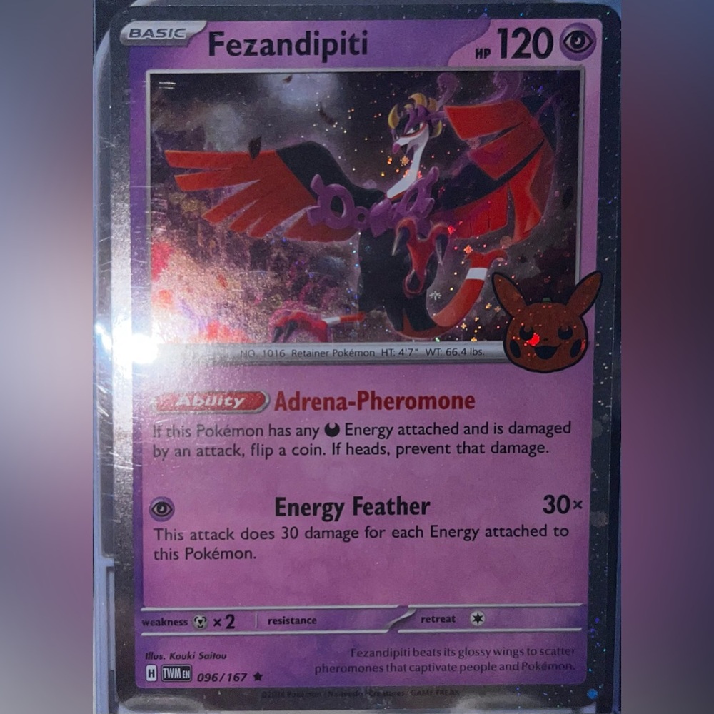 FEZANDIPITI 2024 96/167 Pokemon Trading Card Trick Trade Cosmos RARE Holo Swirl